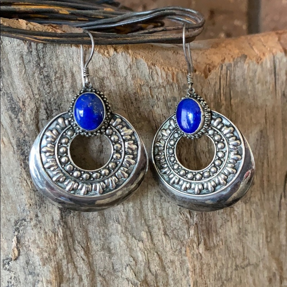 Sterling and Lapis Round French Wire Earrings